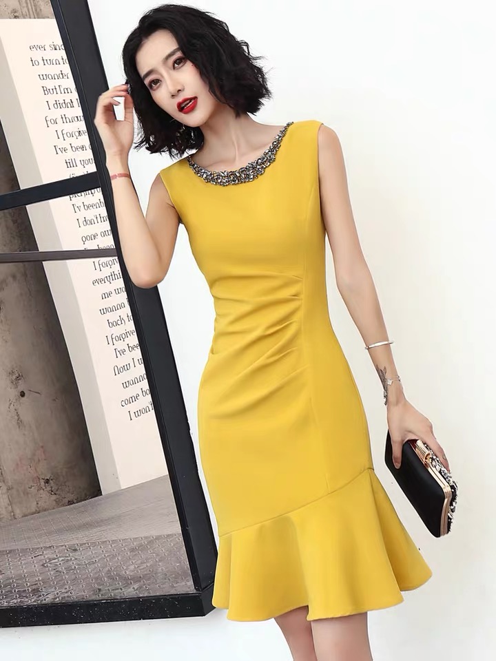 Yellow Dress Midi Dress, High Quality Homecoming Dress , Light Luxury Party Dress,custom Made
