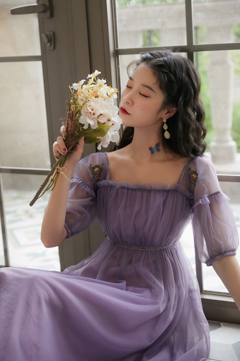Romantic purple tulle dress, Hepburn style, super fairy midi dress, vintage bouffant dress