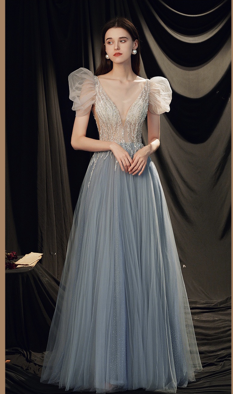 Elegant Temperament Dress, Short-sleeve Blue Beaded Long Evening Dress,custom Made