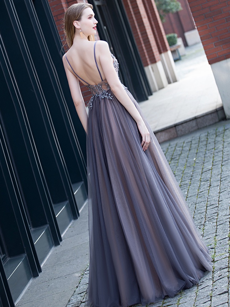 Elegant, Sexy Evening Dress, Purple Spaghetti Trap Dress, Grand Party Dress,custom Made