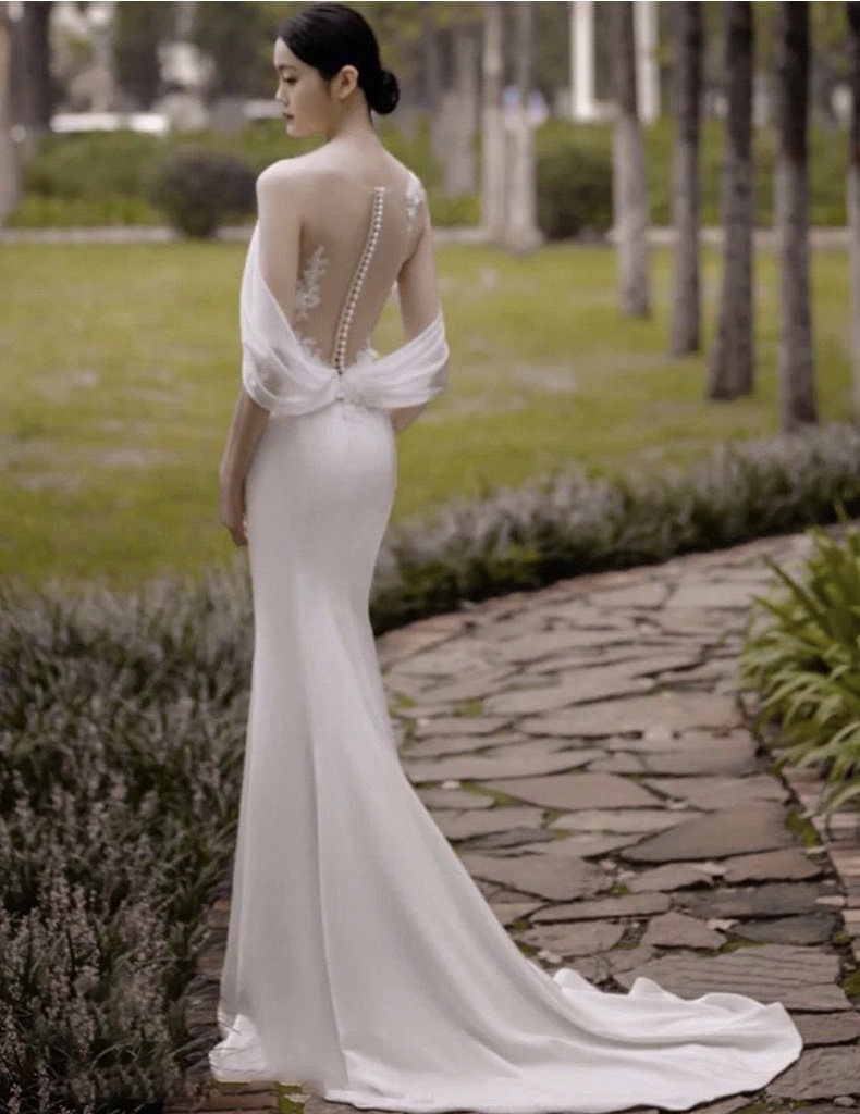 Satin, Light Wedding Mermaid Dress, Simple Word Off Shoulder Evening Dress,custom Made