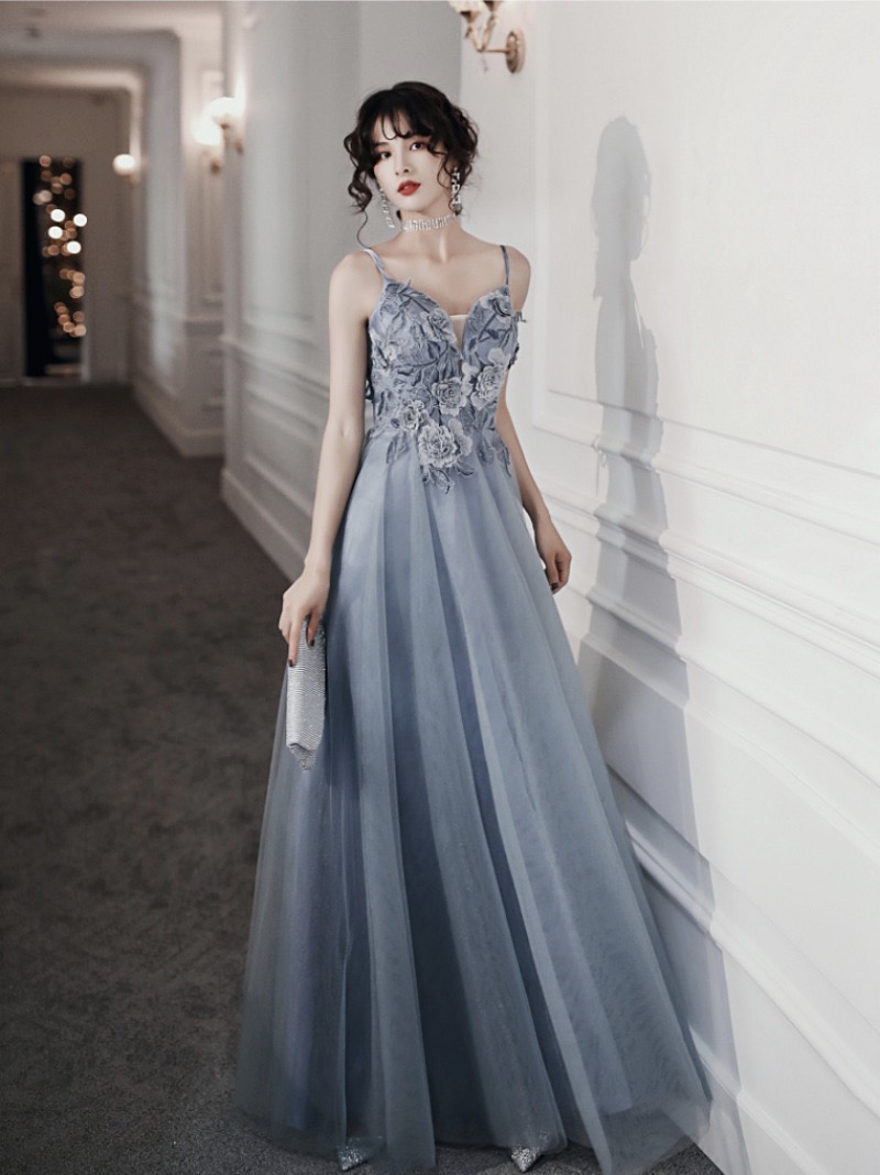 Deep V Neck Blue Prom Dress, Long Sexy Evening Dress With Applique,custom Made