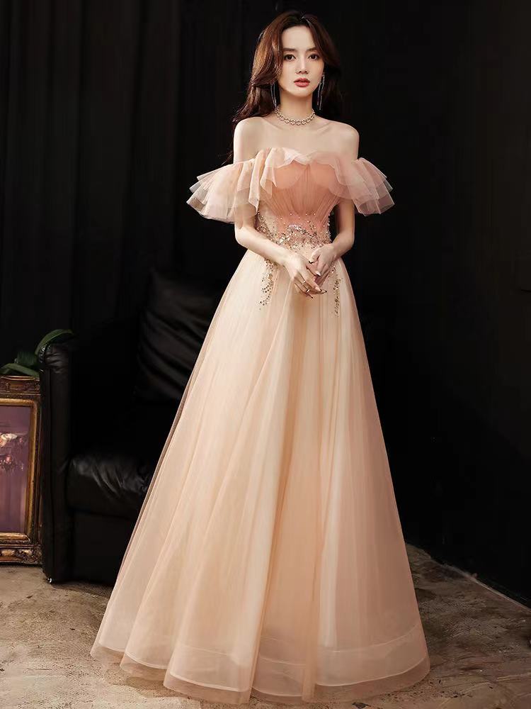 Flounce Collar Evening Dress, Off Shoulder Bridesmaid Dress, Super Fairy Pink Princess Dress,custom Made