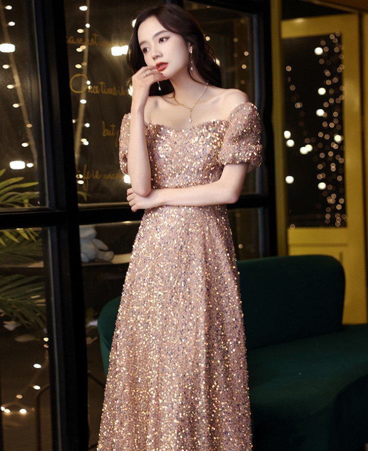 Short Sleeve Evening Dress, Gold Sequin Dress ,custom Made