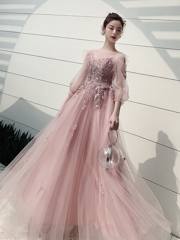 strapless open back dress Pink Tulle with Puffy Sleeves Floral Long Evening Dress, Pink Long Par –  Cutedressy main image 1