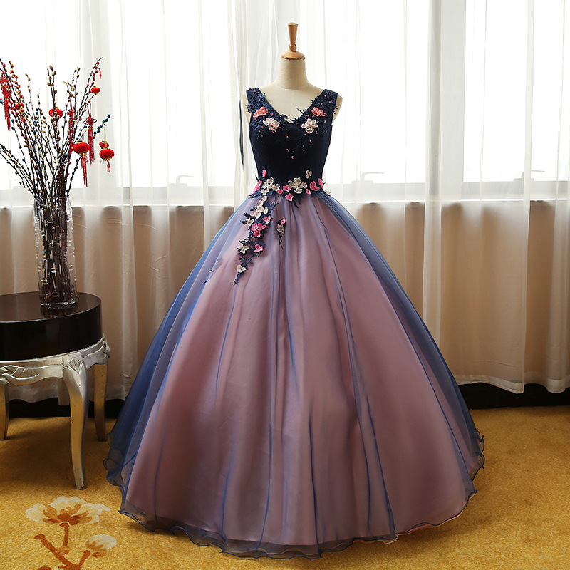 V-neck Bouffant Dress,applique Flowers, Fashion Ball Gown,custom Made