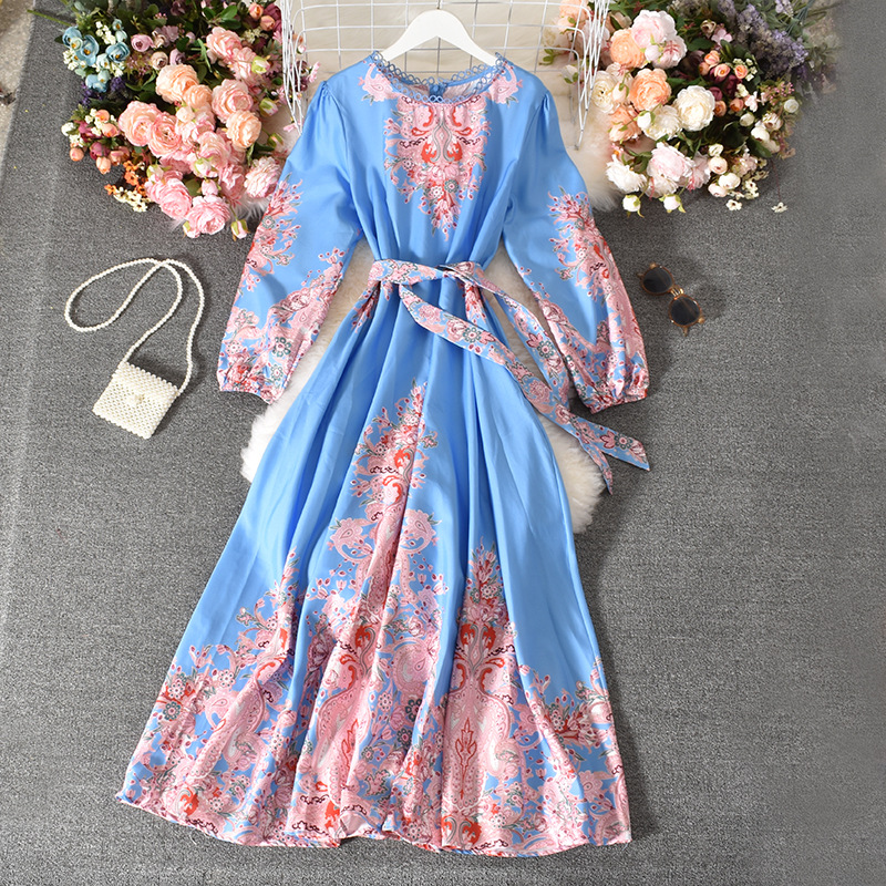 Palace Style Dress, Vintage, Print, Bubble Sleeves, Chic Long Dress