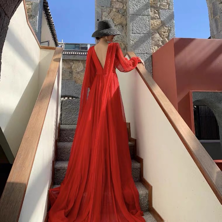 red dress with lantern sleeve Notch Neckline Floret Eyelet Lantern Sleeves Cotton Dress in Red Red M