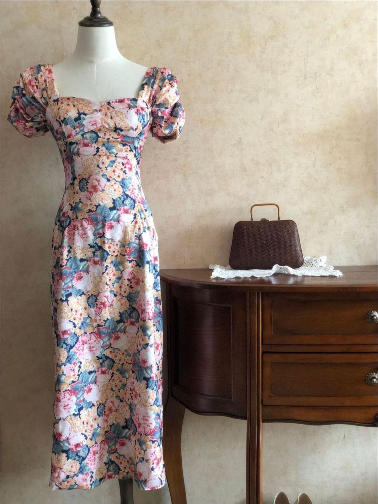 Vintage,oil Painting Long Print Dress, Off Shoulder Floral Dress