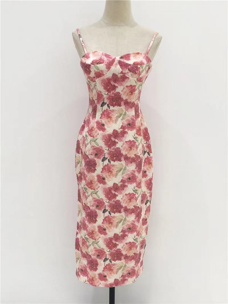 Spaghetti Strap Flower Dress, Temperament ,gentle Style,printed Dress