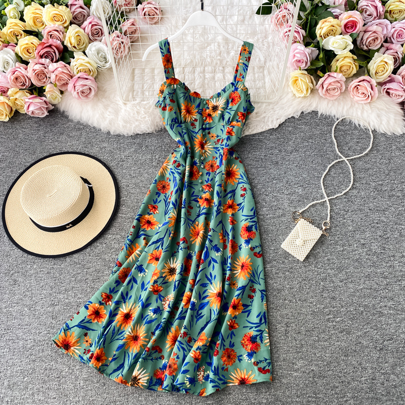 Spaghetti Strap Flower Dress, Temperament ,gentle Style,printed Dress