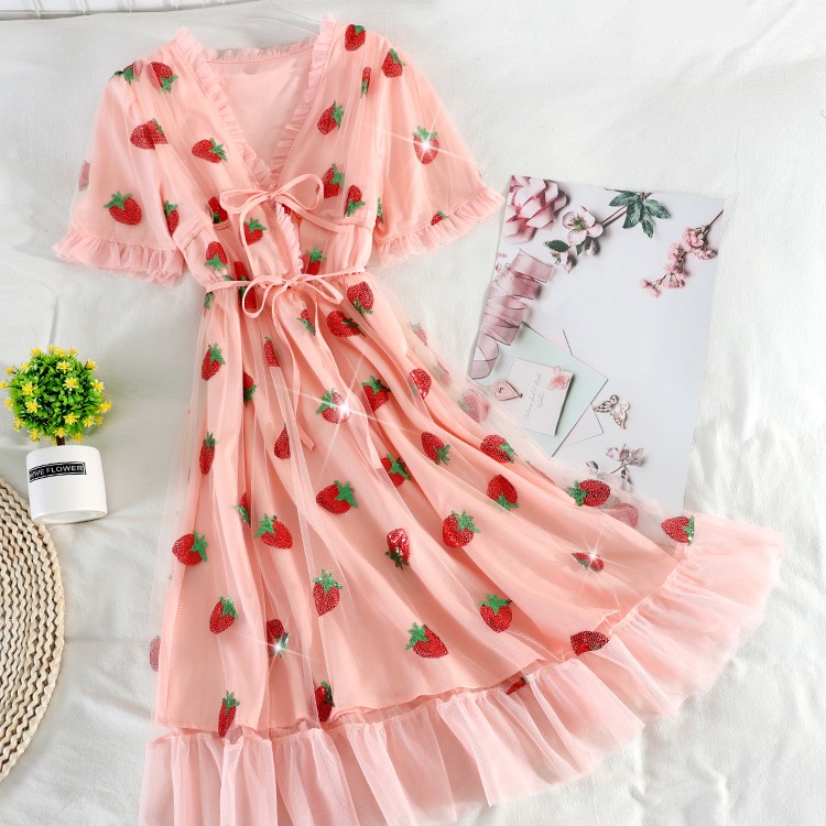 Summer,, Pink Mesh, Strawberry Sequins, Flounce Lace, Short Sleeve V-neck Holiday Midi Dress