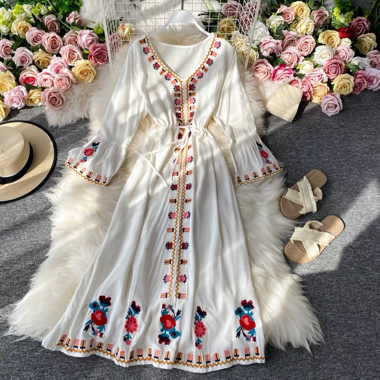 Holiday Beach Floral Dress, Bohemian, Ethnic, Vintage, Artsy, Embroidered Dress With Flared Sleeves