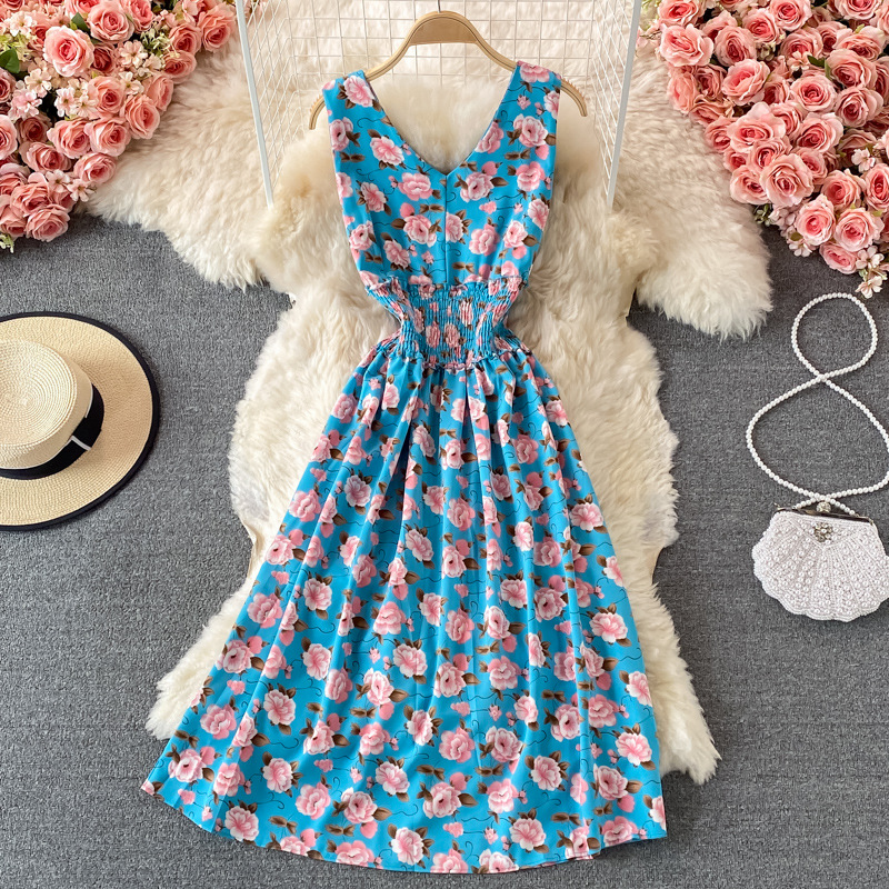 V-neck Backless Chiffon Dress, Super Fairy, Sweet Mid-length, Floral Dress With Straps
