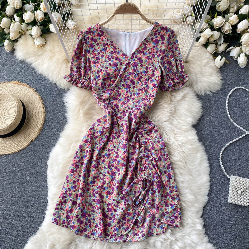 Vintage, Floral Platycodon Dress, Sweet Wooden Ear Edge, Bubble Sleeve Slim Short Dress
