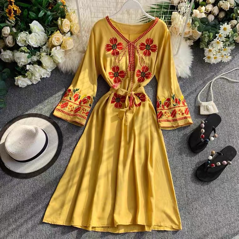 Ethnic Style, Embroidered Flower Red Dress, V-neck, Long Sleeves, Belted Waist, Holiday Dress