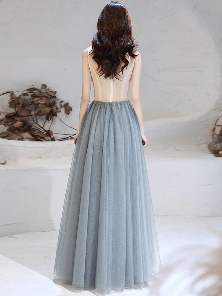 Long Tulle Dress with Deep V Neck Satin Sash Decor Blue Plus Size