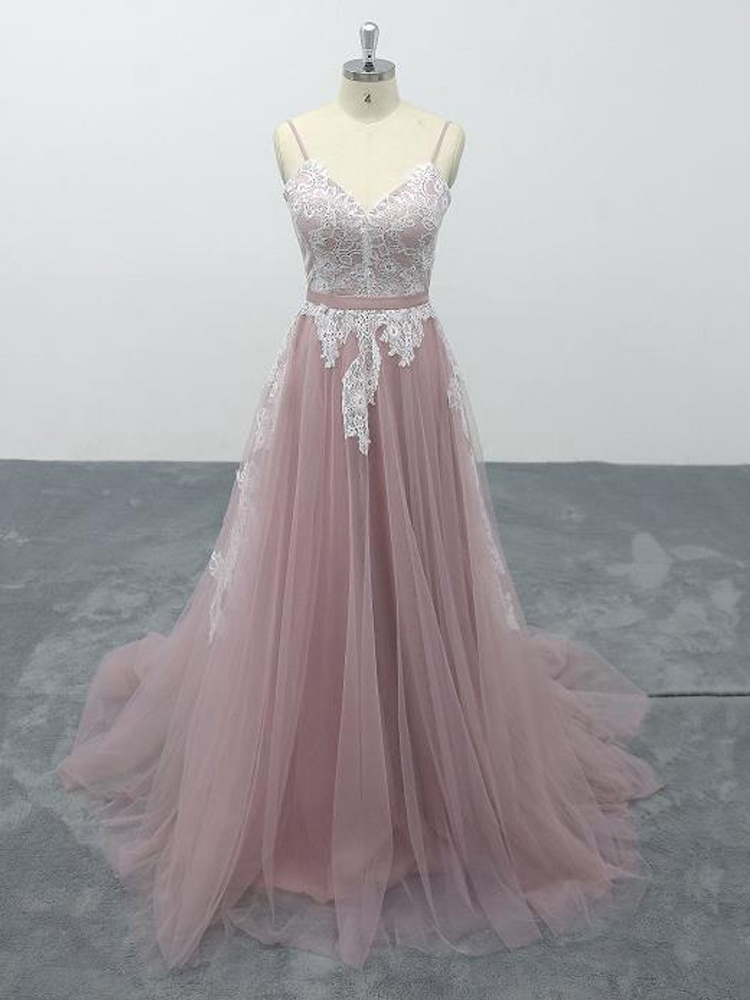 V-neck Pink Prom Dress, Spaghetti Straps Bridal Gown ,floor-length A-line Wedding Dress,custom Made