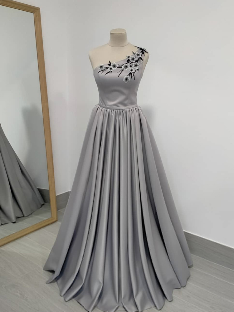 Chic,gray Satin Prom Dress One Shoulder Evening Dress With Applique,custom Made