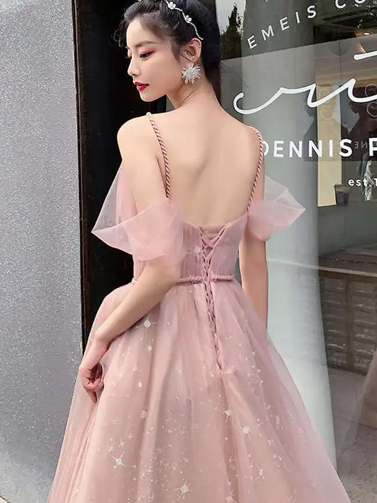 Pretty A line Straps Pink Tulle Long Party Dress Prom Dresses main image 1