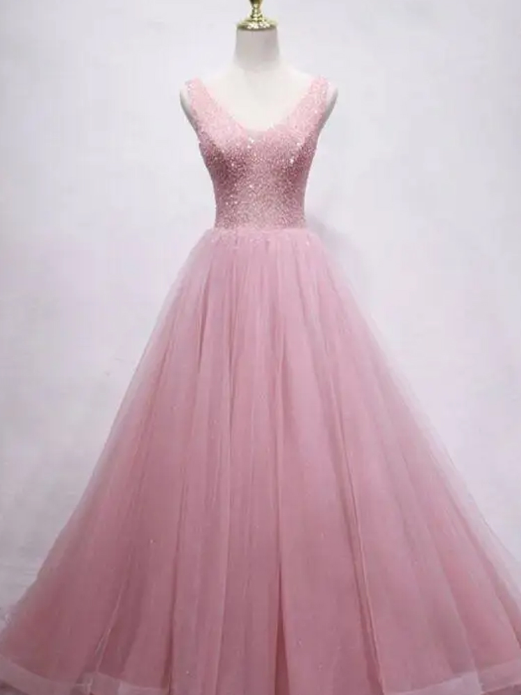Pink V-neck Prom Dress, A-line Tulle Party Formal Gown With Bead,custom Made