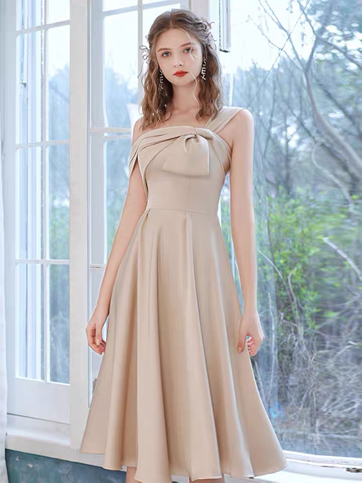 Champagne Evening Dress, Light Luxury One Shoulder Midi Dress,homecoming Dress,custom Made