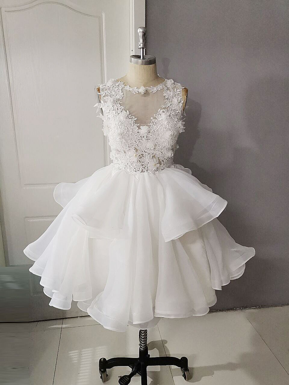 White Round Neck Tulle Lace Short Prom Dress, White Lace Homecoming Dress,custom Made