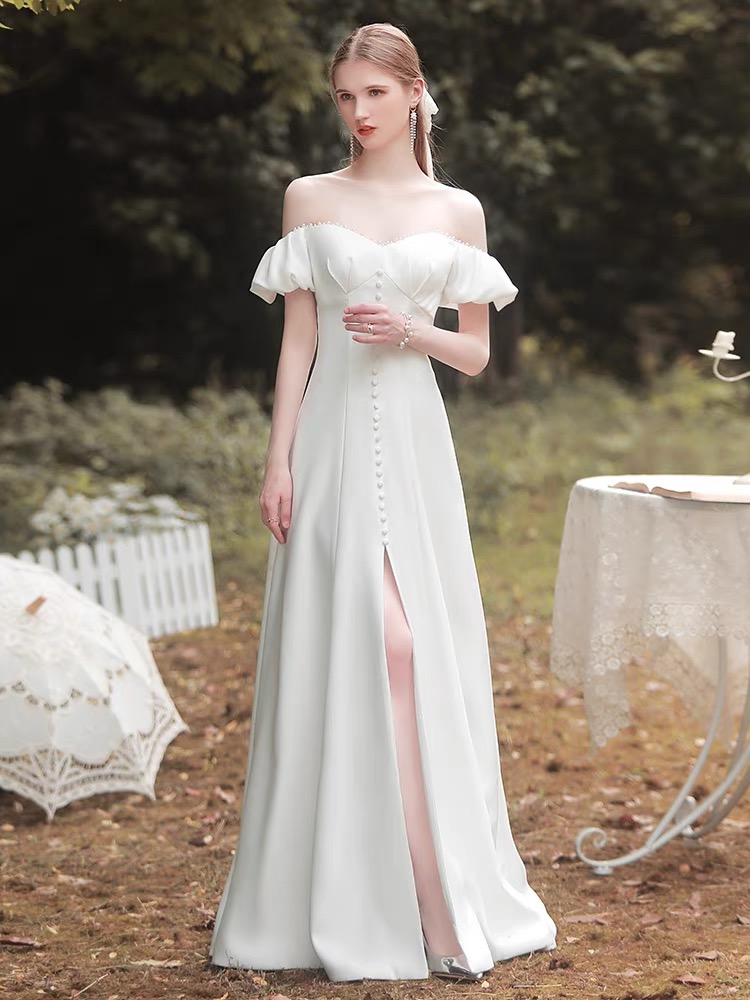 White Bridal Dress, High - Grade Satin Off Shoulder Evening Dress,custom Made