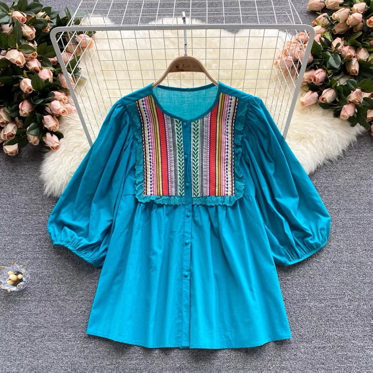 Bohemian, Vintage, Ethnic, Heavy Embroidery, V-neck, Loose Bat Sleeves Top