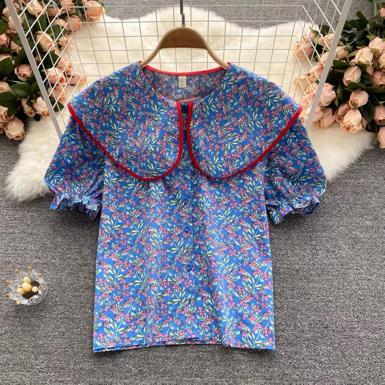 Sweet, Large Lapel Shirt, Puffy Sleeves, Loose Matching Floral Top