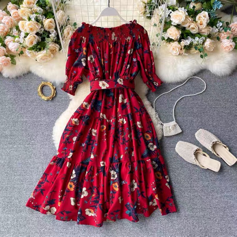 Flower Dress, Off-the-shoulder Printed Dress, Flouncy Midi Dress