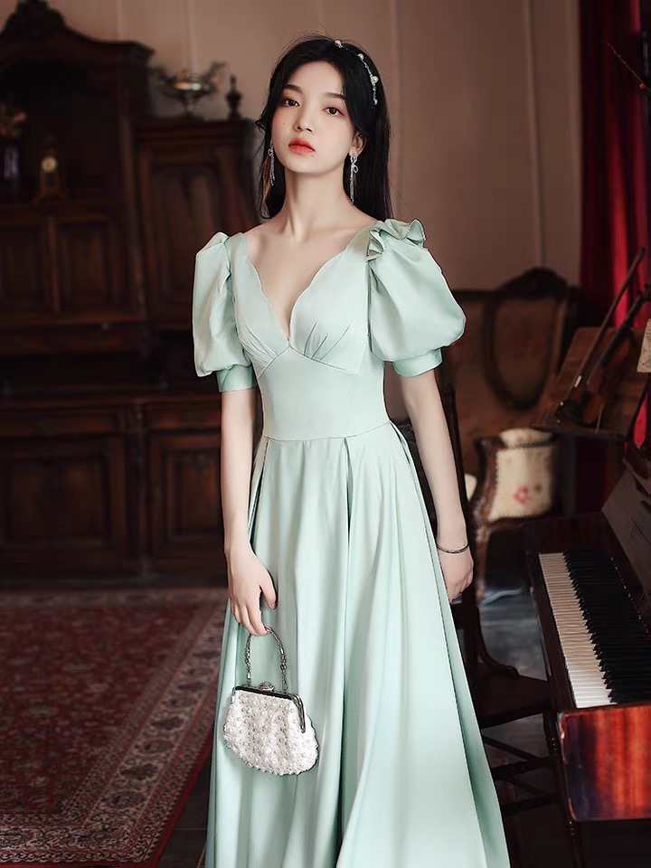 French Satin Evening Dress, Summer, Green Temperament Dress, Princess Dress,custom Made