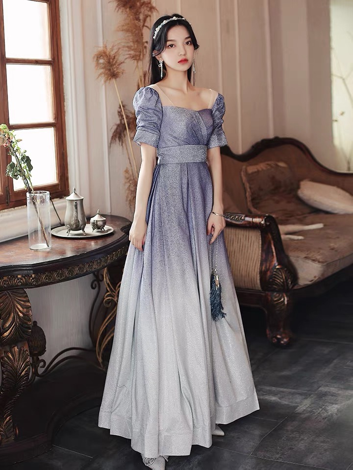 Blue Prom Evening Dress, Gradual Dress,short Sleeve Party Dress,custom Made