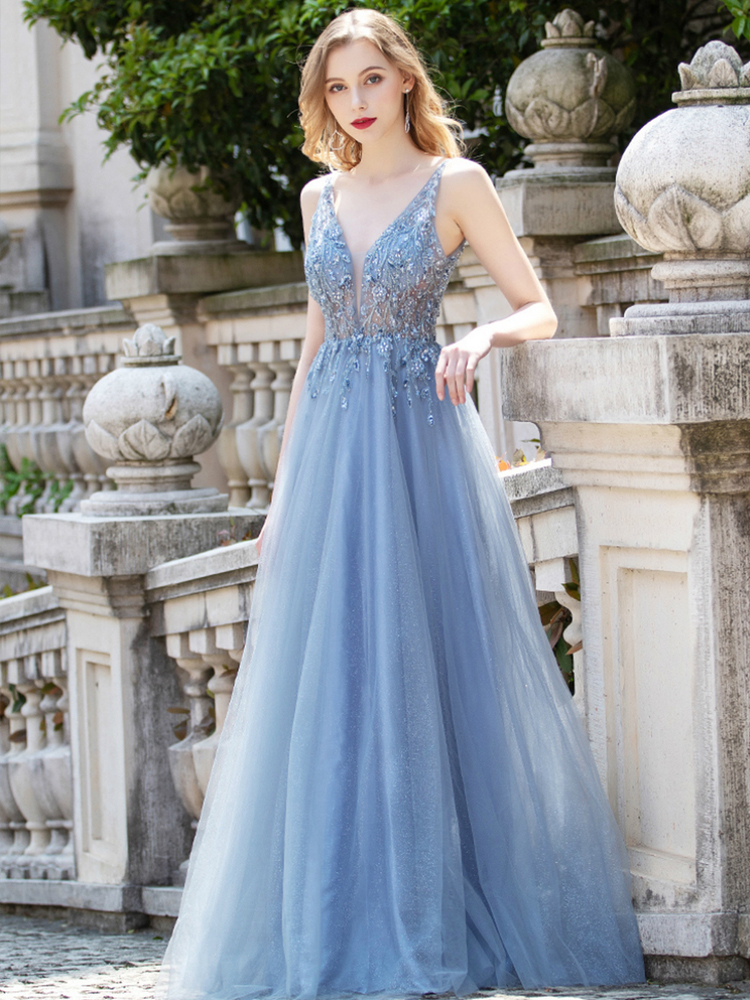 Blue Tulle Party Dress, Deep V-neck Sequins Sleeveless Prom Dress,custom Made,custom Made