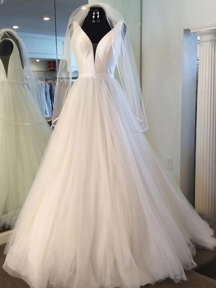 White Tulle And Satin Bridal Dress, V Neck Long Wedding Dress,custom Made