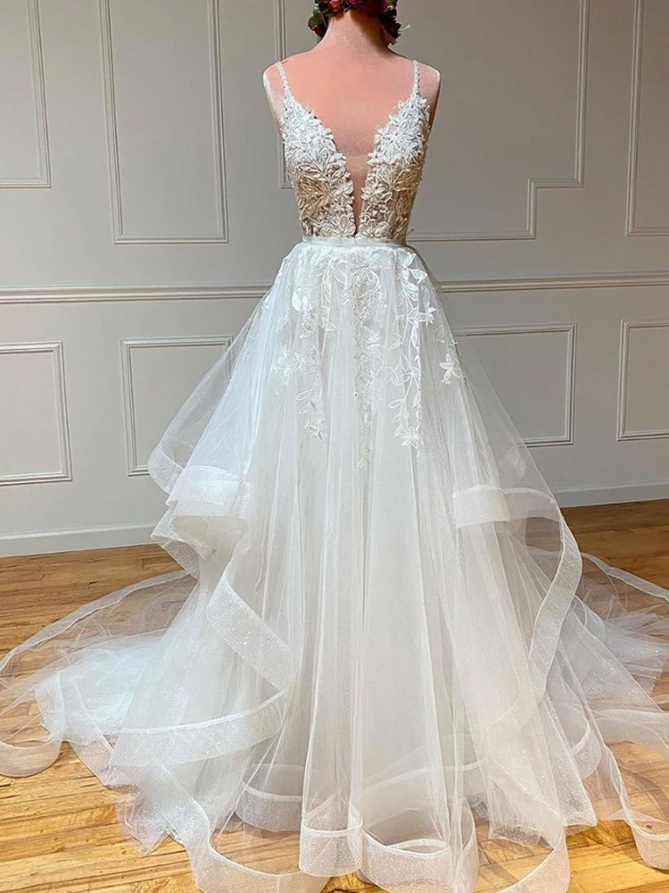White Lace Tulle Wedding Dress, V Neck Long Prom Dress Backless Lace Wedding Dress,custom Made