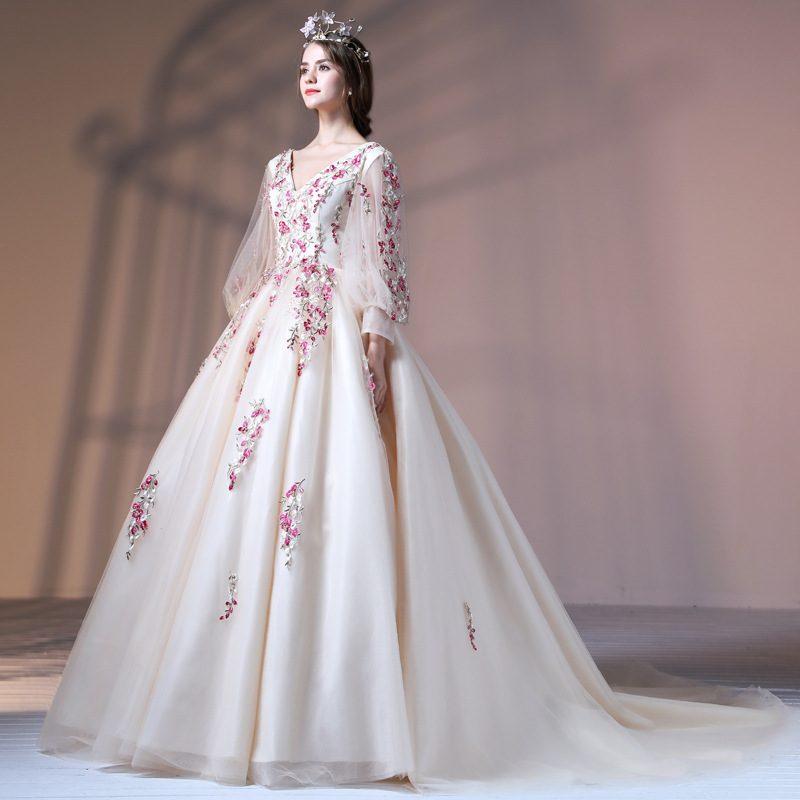 Lace Flower Bridal Dress Wedding Dress, Long Sleeve Prom Dress,custom Made