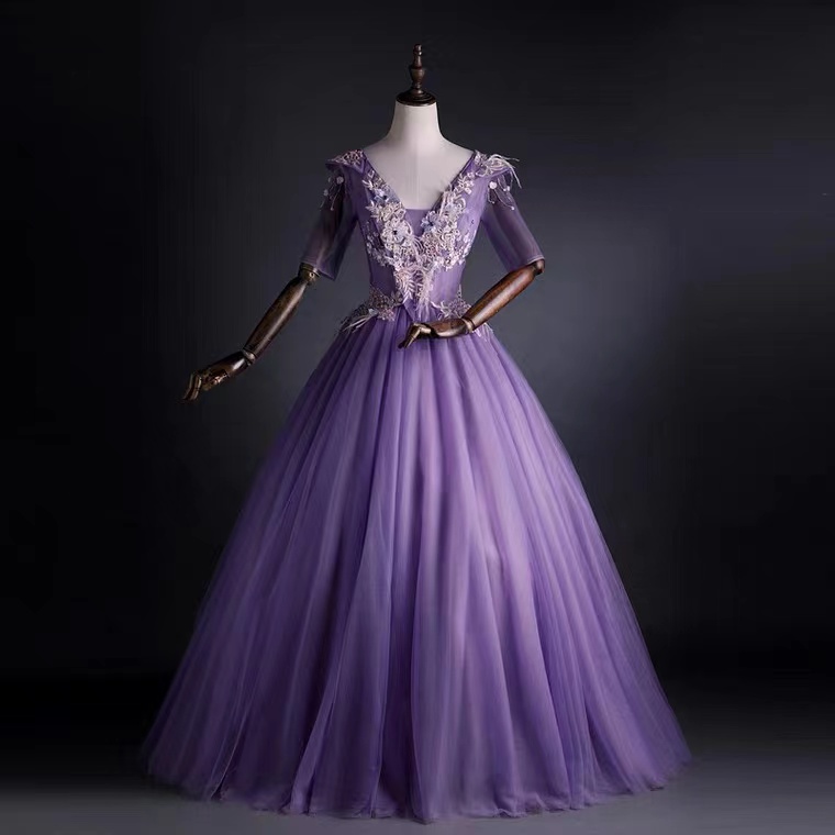 Purple Evening Dress, V-neck Applique Prom Dress,custom Made