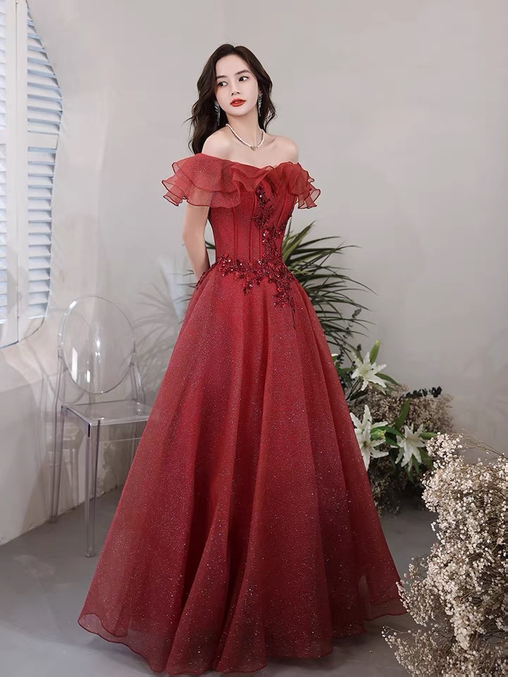 Burgundy Prom Dress, Off Shoulder Shiny Evening Dress,custom Made