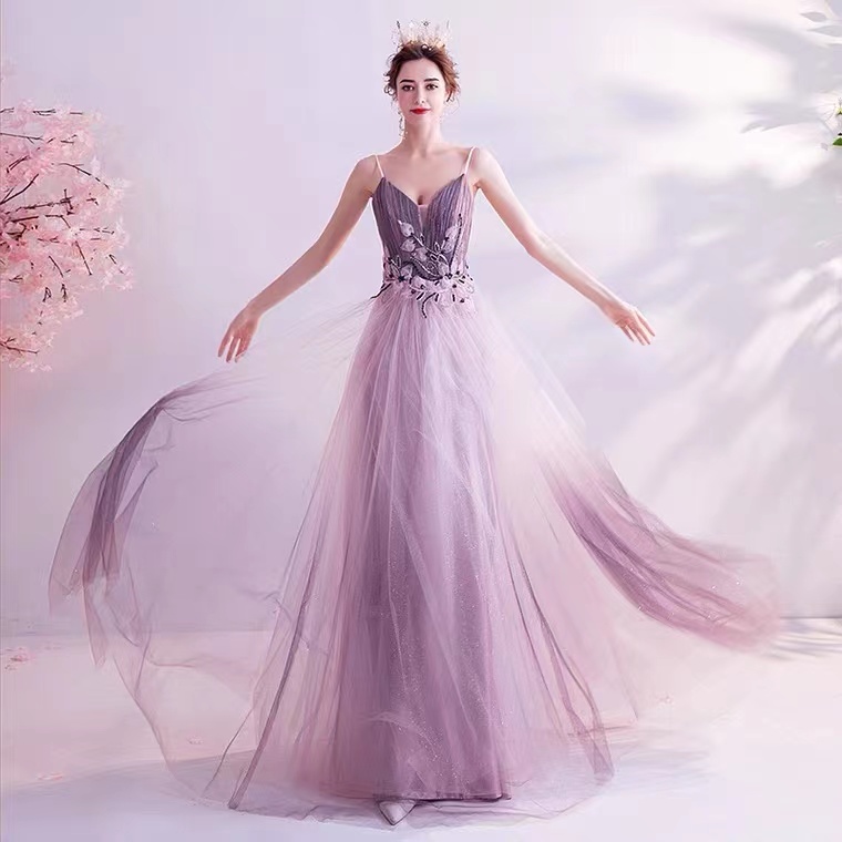 Starry Sky Gradient Purple Dress, Spaghetti Strap Wedding Dress,custom Made