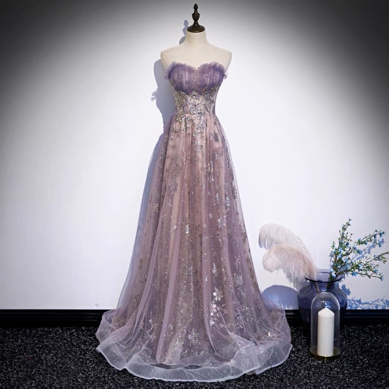 Strapless Evening Dress, Purple Temperament Party Dress, High Quality Long Tail Princess Fairy Dress,custom Made