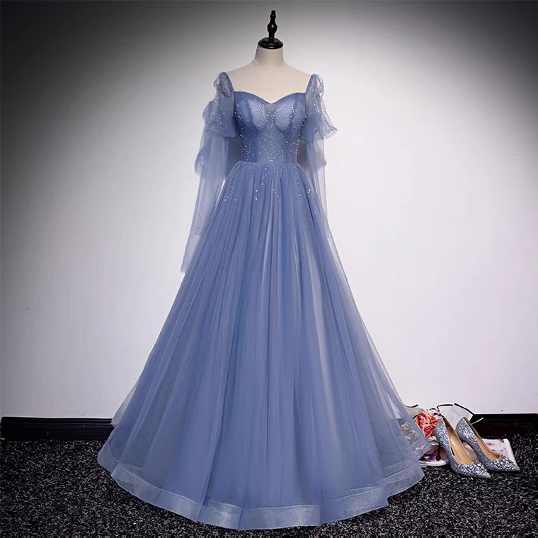 High Quality Evening Dress, Temperament, High-grade, Long Sleeve Fairy Blue Long Prom Dress,custom Made