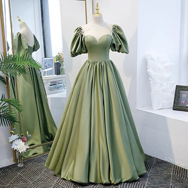 Puffed Sleeve Evening Dress, Green Princess Dress, Satin Prom Gown,custom Made