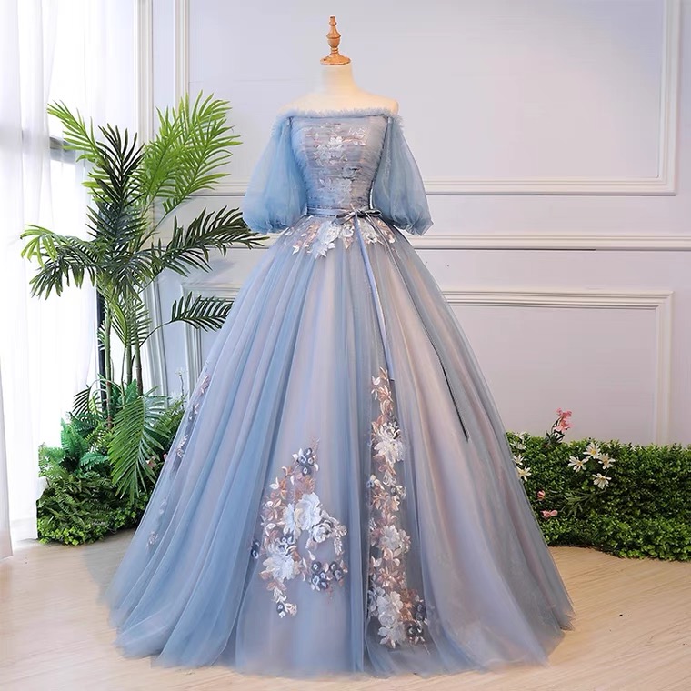Ball Gown Dress, Blue Party Dress,off Shoulder Evenig Dress,custom Made