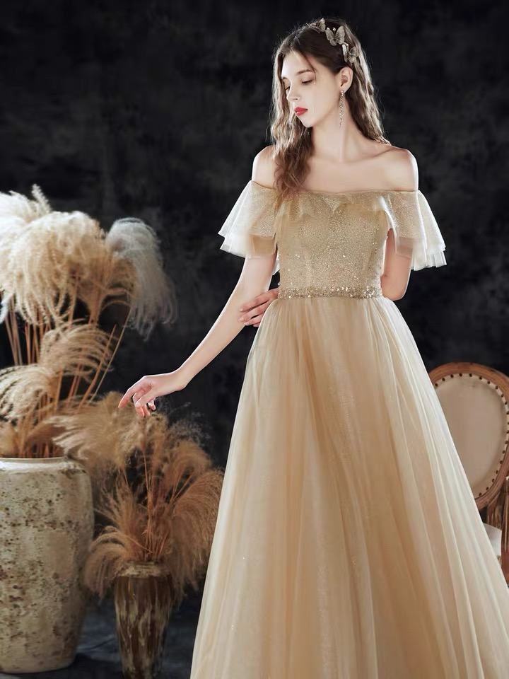 Champagne Prom Dresses, Gold Elegant Dresses, High Textured Sparkling Dresses ,custom Made