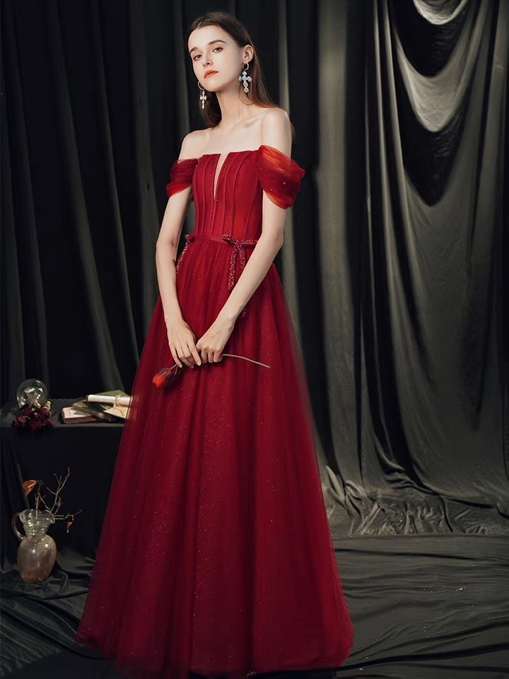 Burgundy Dress, Stylish Evening Dress, Off-the-shoulder Evening Dress,custom Made