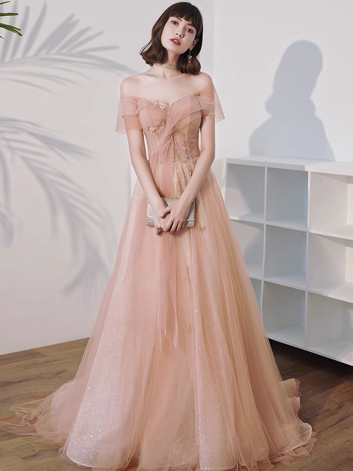 Off Shoulder Fairy Pink Evening Dresses,pink Tulle Custom Evening