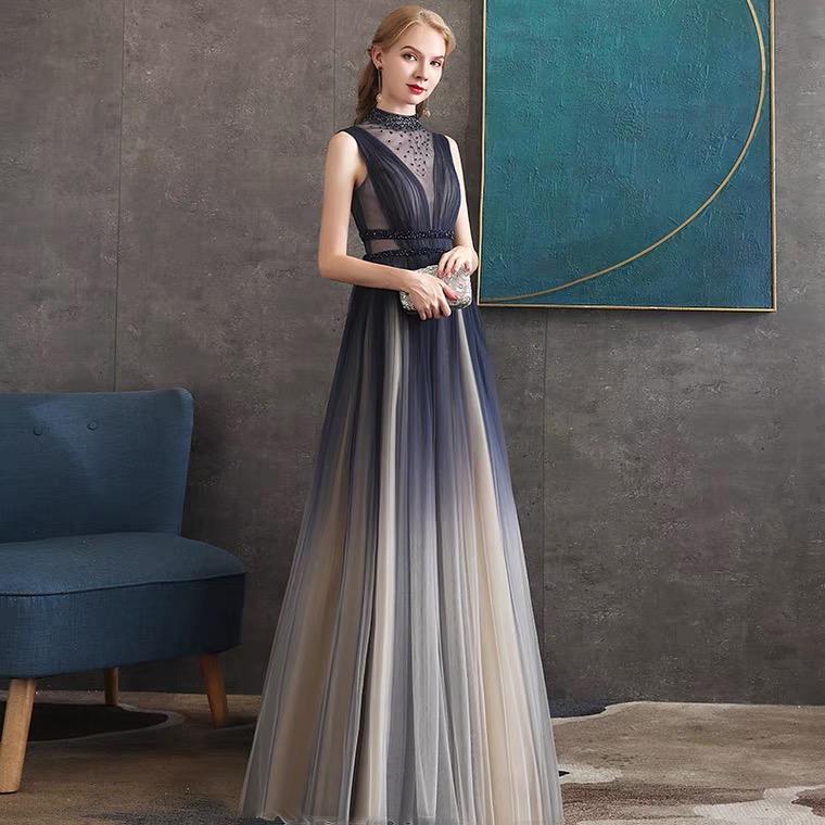 High Neck Evening Dress, Temperament, Gradient Dress, Light Luxury Dress,Custom Made