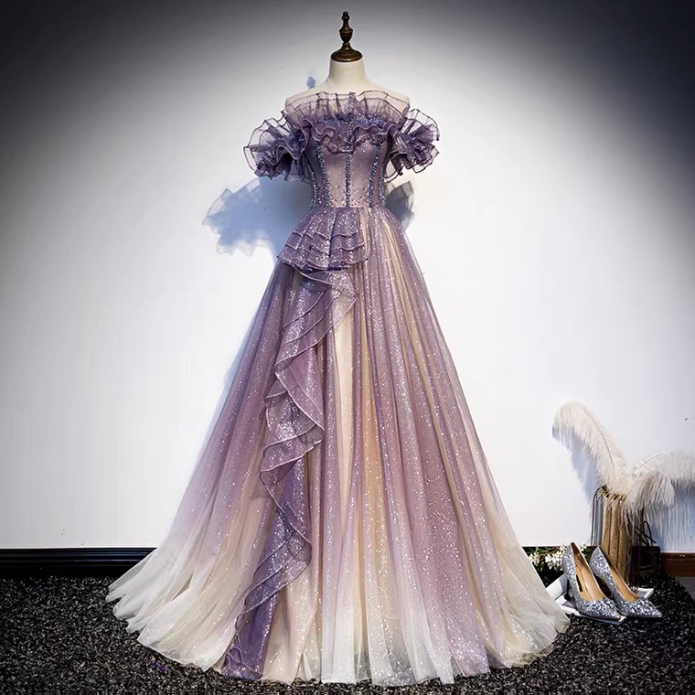 Purple Prom Dress, Strapless Evening Dress, Gradient Beaded Dress,custom Made