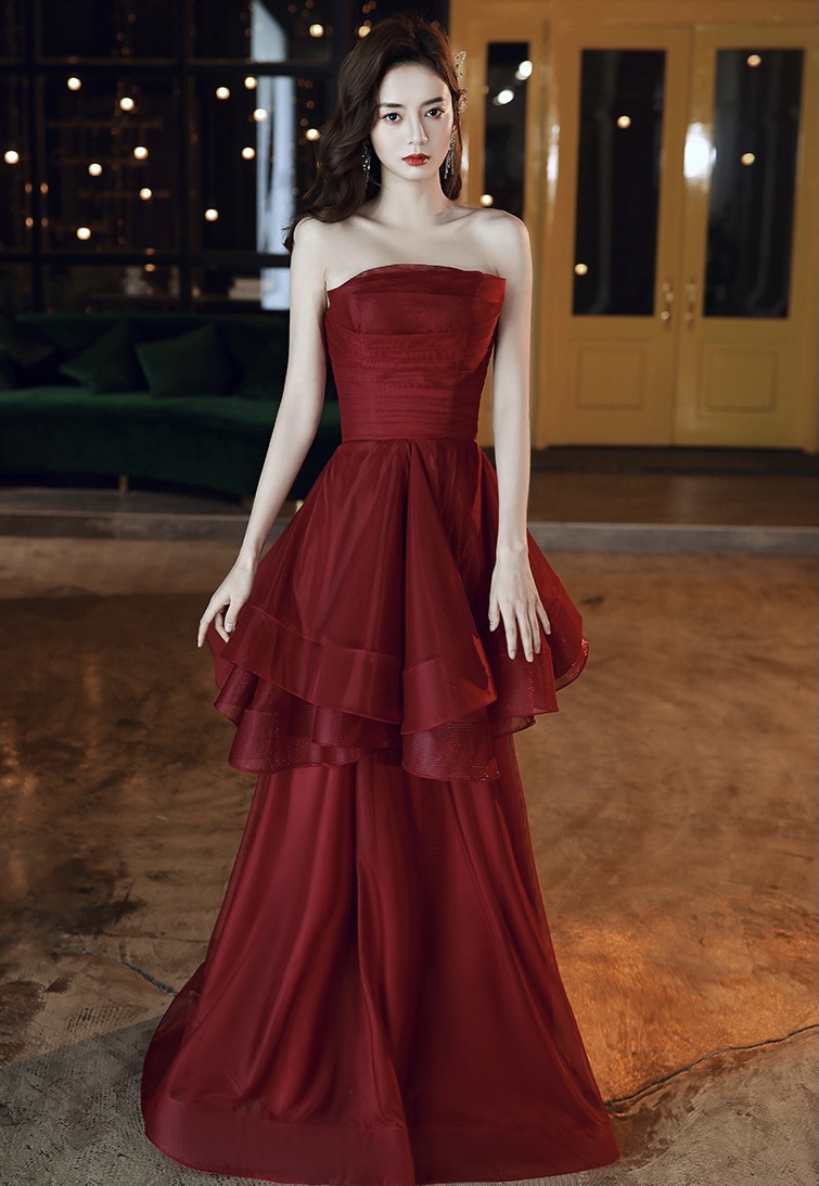 Burgundy Evening Dress, Atmosphere Long Temperament Prom Dress, Sexy Strapless Party Dress,custom Made